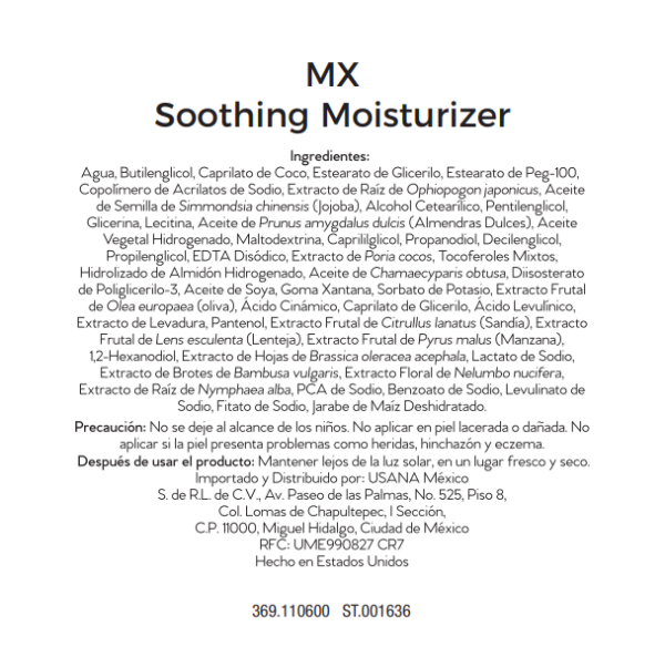 Ingredientes Soothing Moisturizer con Posbióticos de USANA by AleexWellness